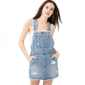 Aeropostale Light Wash Denim Jean Skirtall Frayed Distressed Overall Mini Sz S